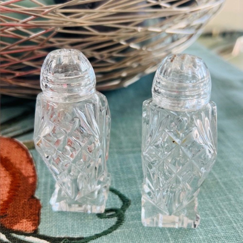 Vintage Czech Cut Glass Bohemian Crystal 3.5" Pedestal Salt & Pepper Shakers